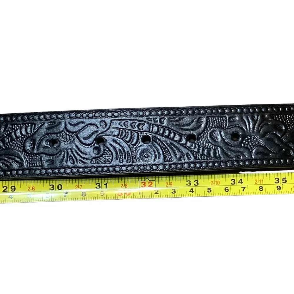 Perry Ellis Embossed‎ Tooled Leather Belt Women Medium Large Circle Boho Buckle